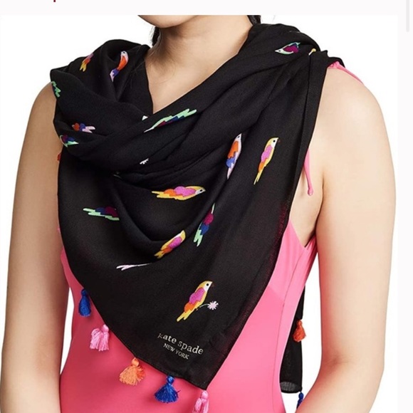 Kate Spade Black Multicolor Birds Scarf with Pompom Fringe Edge - Picture 5 of 13